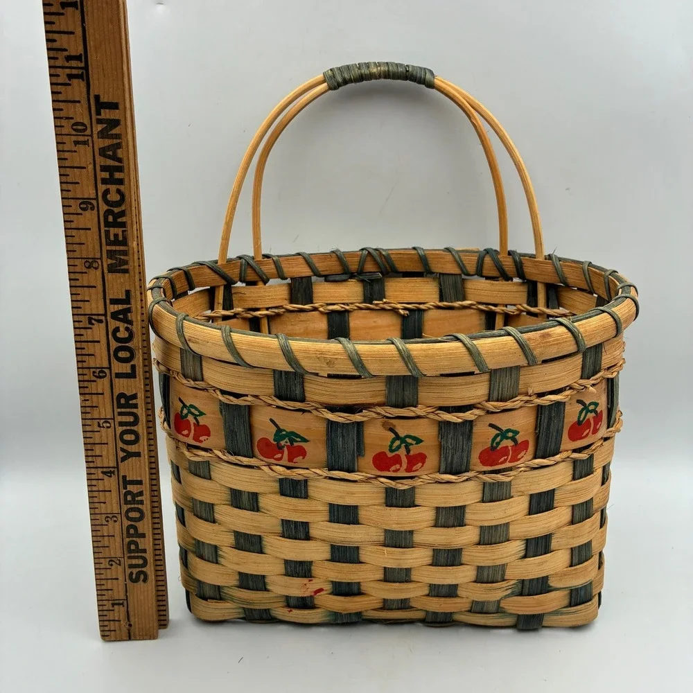 Handcrafted Woven Wood Cherry Print Basket Dual Handle Farmhouse Storage 10x7x6